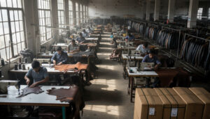 Leather jacket production floor in Karachi with export cartons ready for shipment